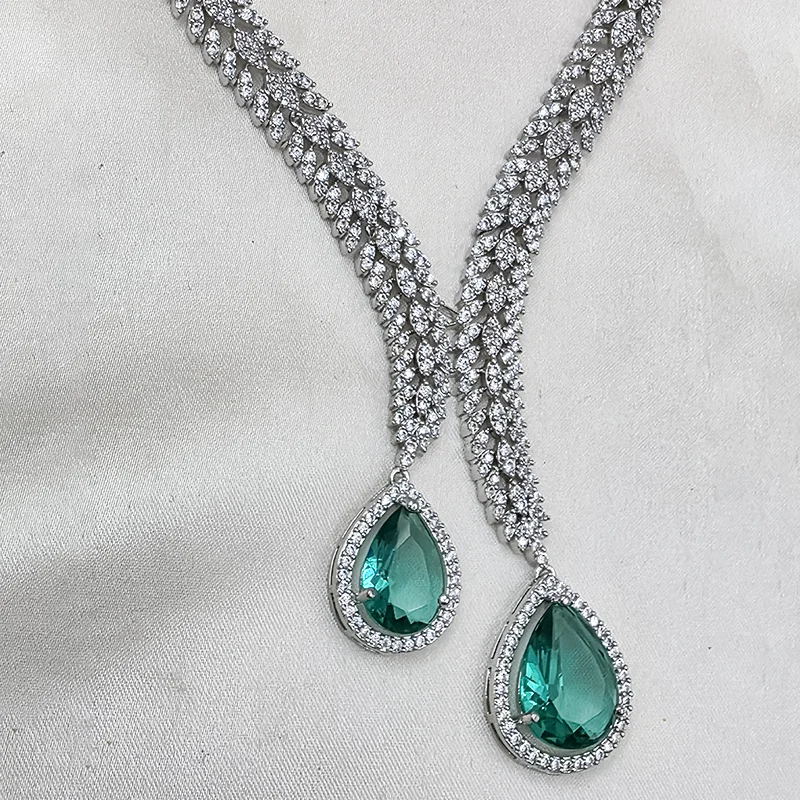 Teardrop American Diamond Necklace Set, Green - Image 2