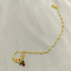 Alternative view of Royal Pearl Kundan Nose Ring with Chain