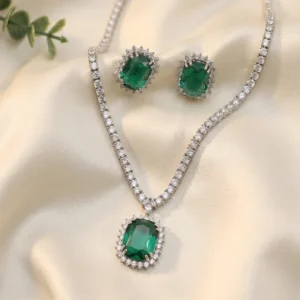 Emerald Halo Crystal Necklace & Stud Earrings Set