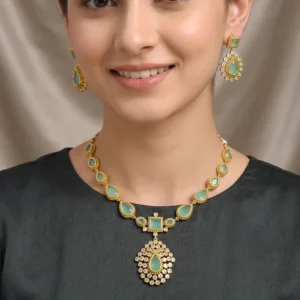 Gold Look Kundan & Stone Drop Necklace