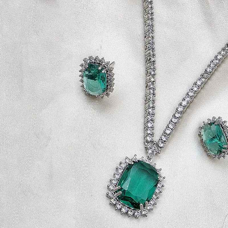 Emerald Halo Crystal Necklace & Stud Earrings Set - Image 3