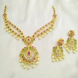 Alternative view of Jadau Style Layered Necklace Set with Pearl Drops