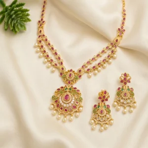 Jadau Style Layered Necklace Set with Pearl Drops
