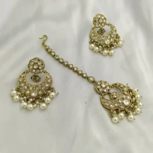 Alternative view of Kundan Pearl Chandbali Earrings with Maang Tikka