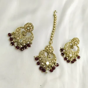 Alternative view of Kundan Pearl Chandbali Earrings with Maang Tikka, Ruby