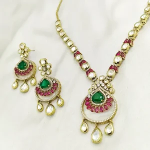 Mint & Pink Kundan Statement Necklace with MOP - Image 3