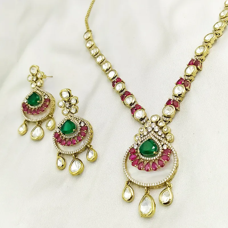 Mint & Pink Kundan Statement Necklace with MOP - Image 3