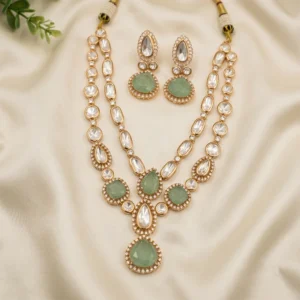 Alternative view of Mint Kundan Teardrop Necklace Set with Earrings