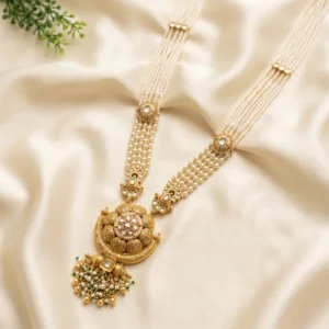 Layered Pearl Long Necklace with Gold Accents