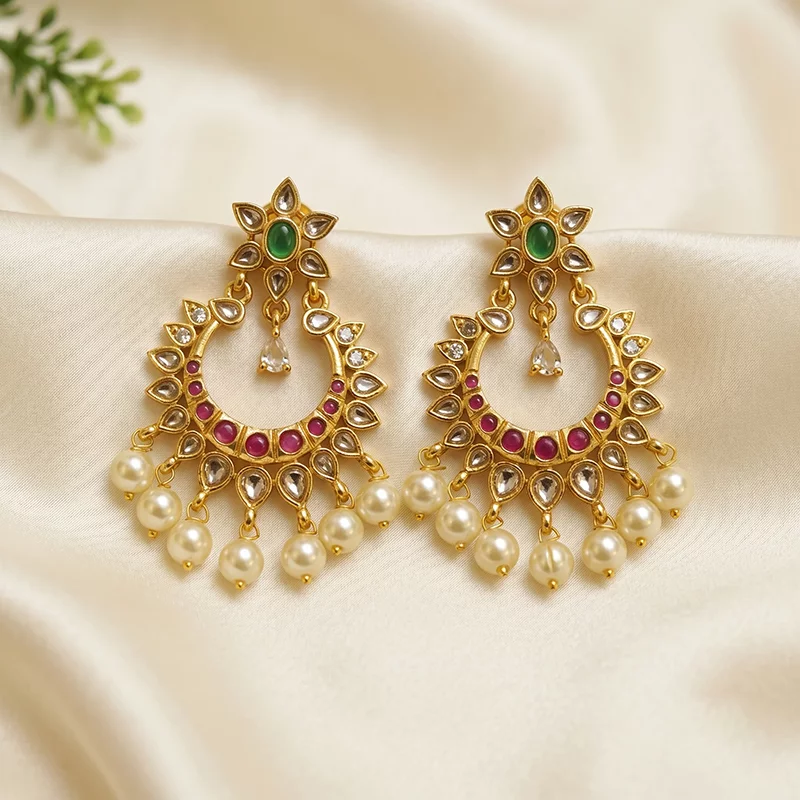 Pearl Kundan Chandbali Earrings