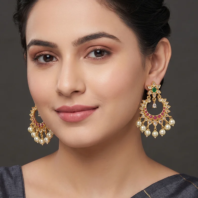 Royal Pearl Kundan Chandbali Earrings - Image 2
