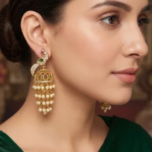 Alternative view of Royal Triple Layer Pearl Jhumka Earrings