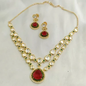Ruby Green Kundan Teardrop Necklace Set