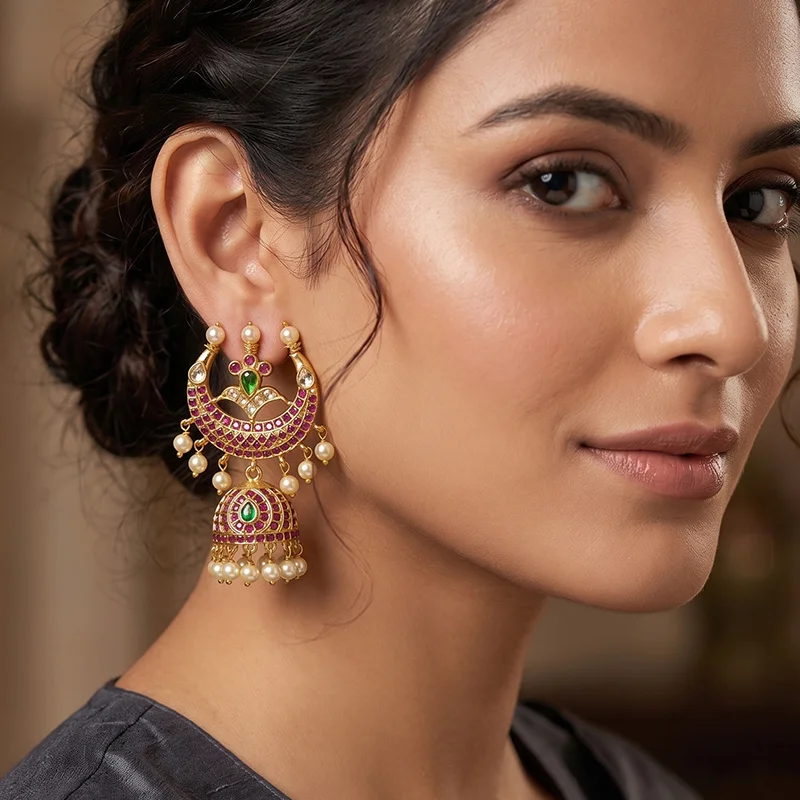 Ruby Pearl Statement Jhumka Earrings - Image 2