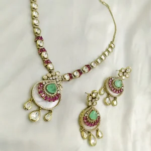 Alternative view of Mint & Pink Kundan Statement Necklace with MOP