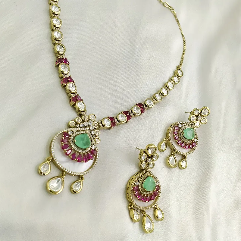 Mint & Pink Kundan Statement Necklace with MOP - Image 2