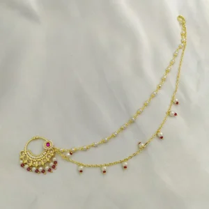 Alternative view of Ruby Pearl Bridal Nose Ring with Double Chain