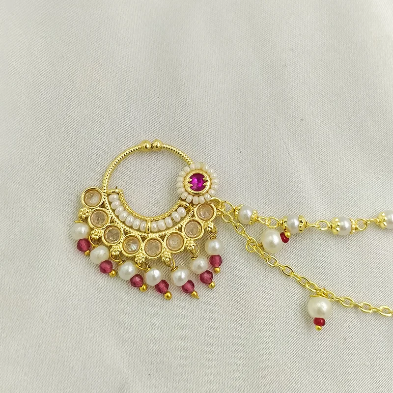 Ruby Pearl Bridal Nose Ring with Double Chain - Image 3