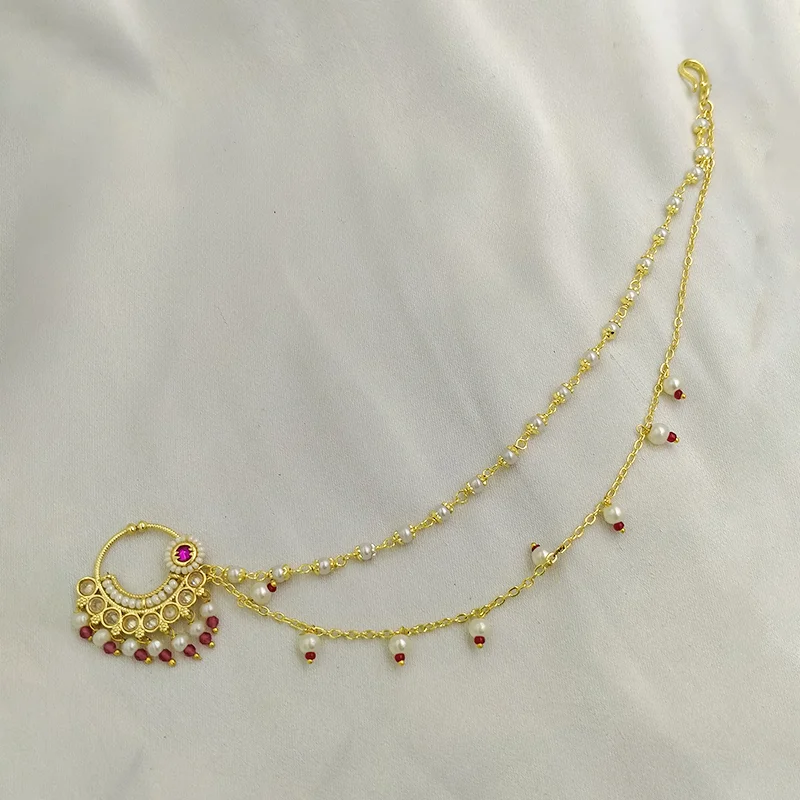Ruby Pearl Bridal Nose Ring with Double Chain - Image 2