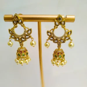 Alternative view of Kundan & Pearl Jhumka Earrings, White