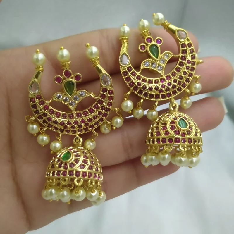Ruby Pearl Statement Jhumka Earrings - Image 4
