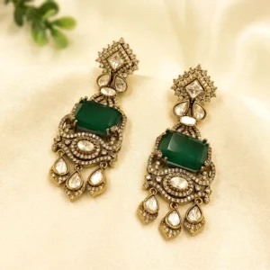Antique Finish Kundan Emerald Drop Earrings