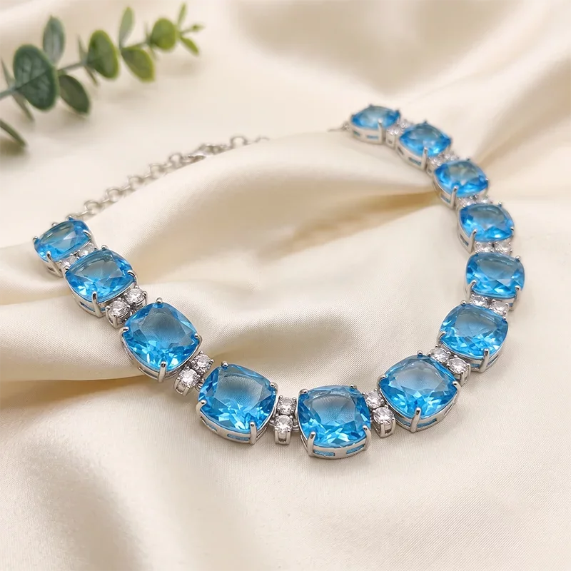 Aqua Blue Crystal Stones Silver-Plated Statement Choker Necklace
