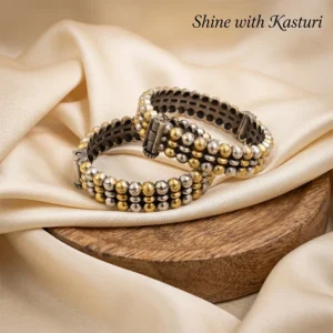Bead Trio Oxidised Silver Bangle Pair