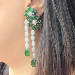 Alternative view of Emerald Bloom CZ Floral Drop Long Earrings