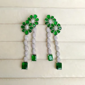 Alternative view of Emerald Bloom CZ Floral Drop Long Earrings
