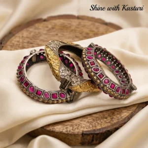 Boho Oxidised Silver Kundan Bangle Set