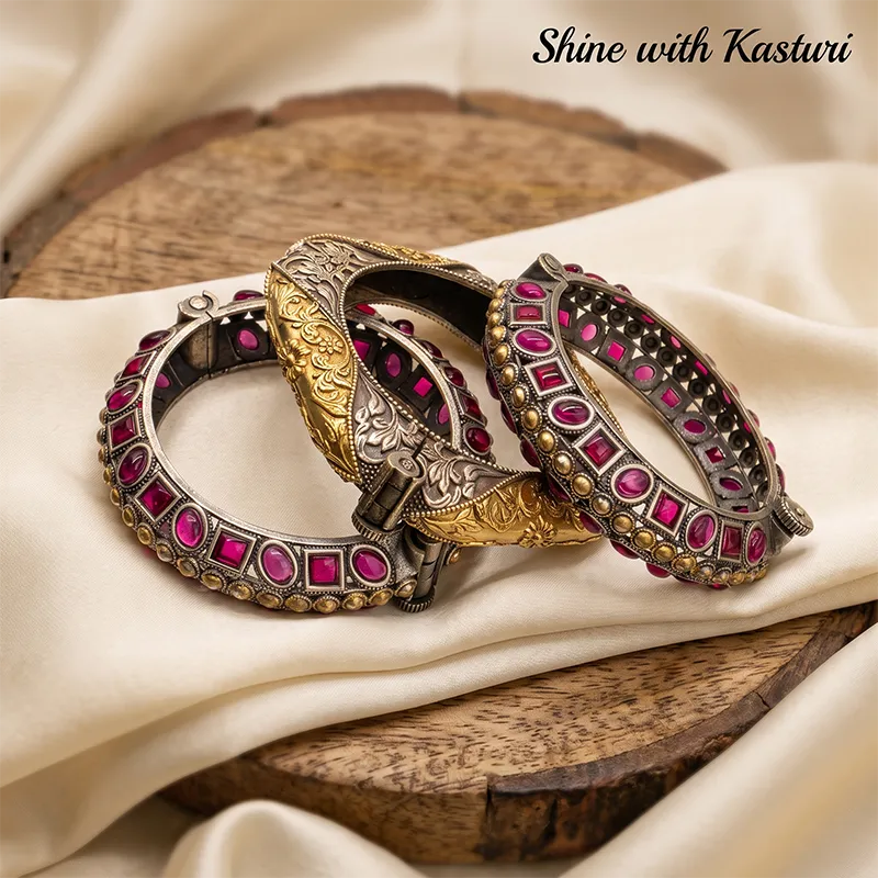 Boho Oxidised Silver Kundan Bangle Set