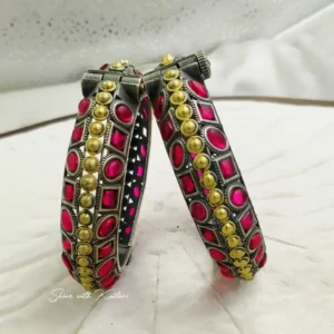 Alternative view of Broad Oxidised Kundan Bangles with Pink Stones