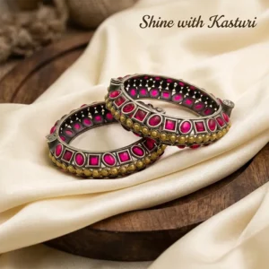 Broad Oxidised Kundan Bangles with Pink Stones