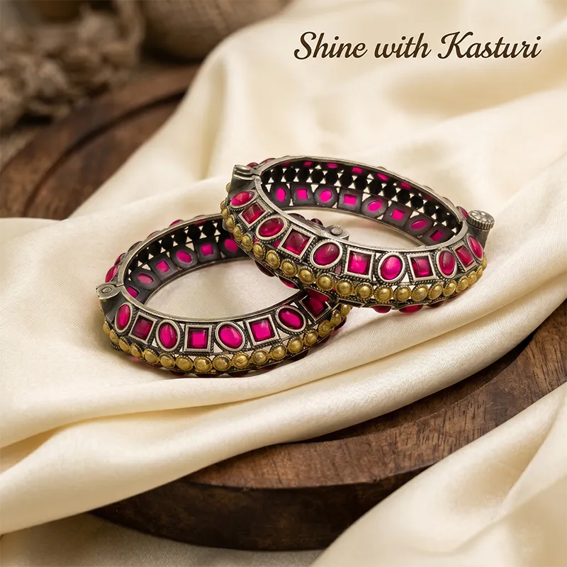 Broad Oxidised Kundan Bangles with Pink Stones