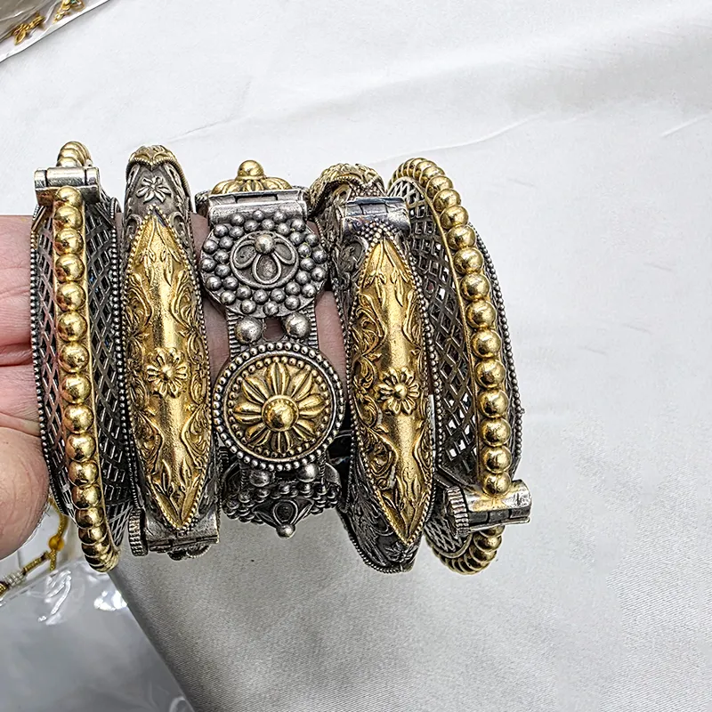 Stylish Dual Tone Oxidised Silver Bangle Set of 5 - Image 4
