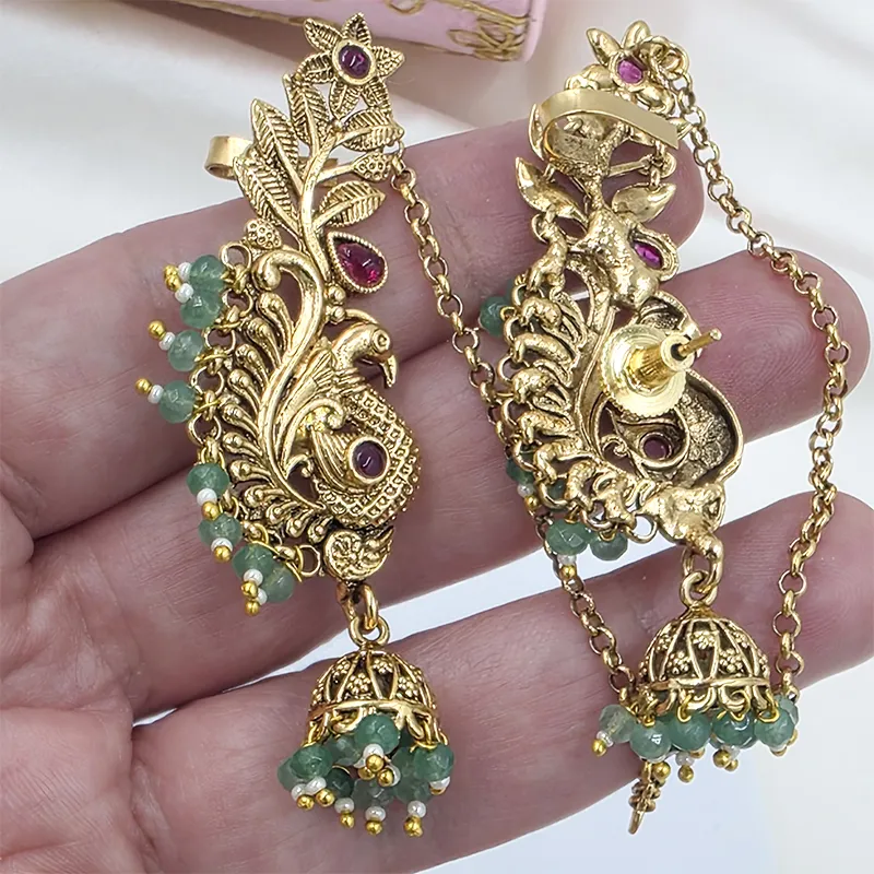 Gold Peacock Jhumka Earrings - Image 4