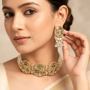 Alternative view of Pearl & Kundan Statement Choker, Green
