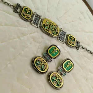 Alternative view of Meenakari Oxidised Choker Set with Earrings, Green