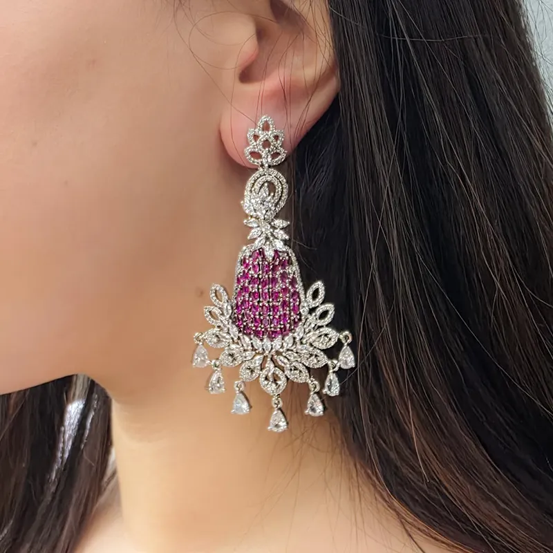 Ruby Radiance CZ Chandelier Statement Earrings - Image 2
