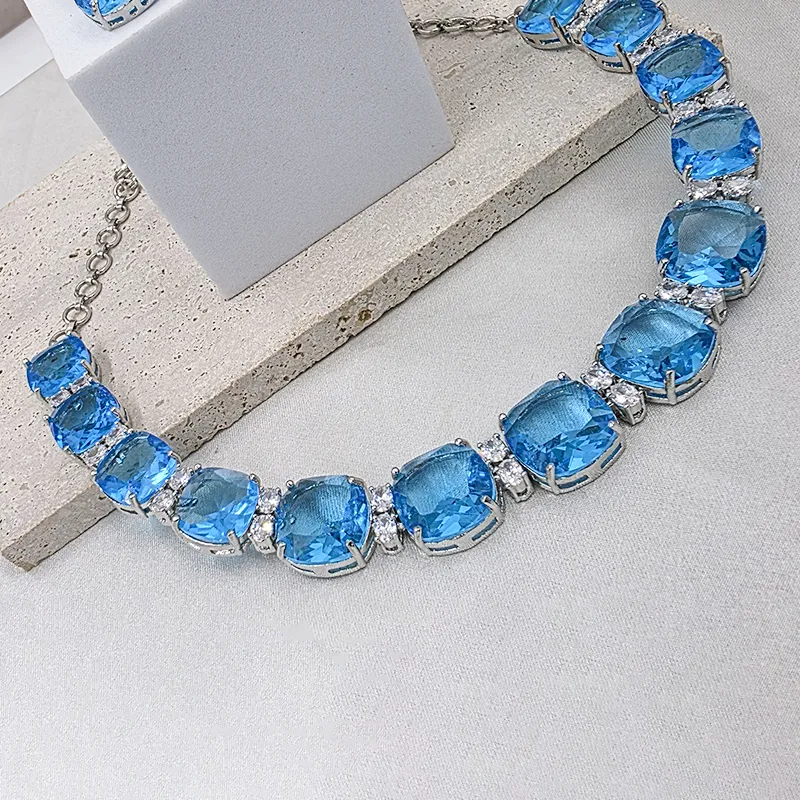 Aqua Blue Crystal Stones Silver-Plated Statement Choker Necklace - Image 2