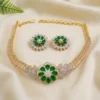 Emerald Floral CZ Choker Necklace with Stud Earrings