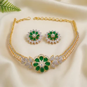 Emerald Floral CZ Choker Necklace with Stud Earrings