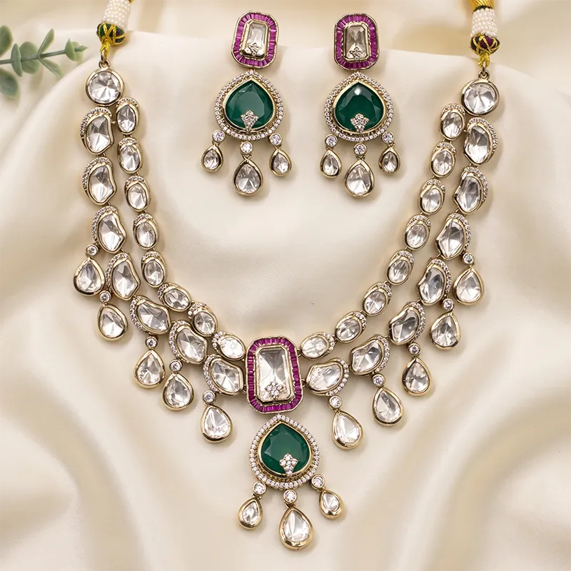 Statement Kundan Layered Bridal Necklace, Ruby Green