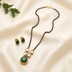 Emerald Teardrop Kundan Mangalsutra Set with Stud Earrings