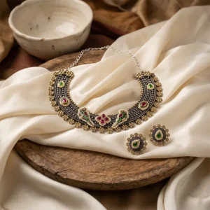 Floral Oxidised Choker Necklace Set with Earrings