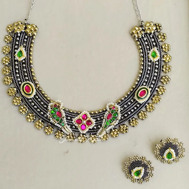 Floral Oxidised Choker Necklace Set with Earrings - Image 2