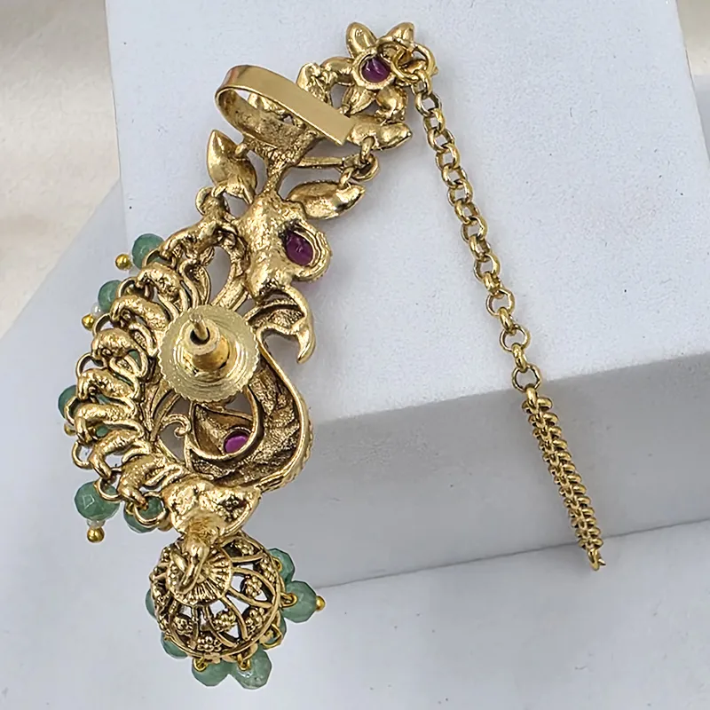 Gold Peacock Jhumka Earrings - Image 3