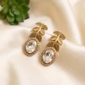 Golden Leaf Crystal Statement Stud Earrings