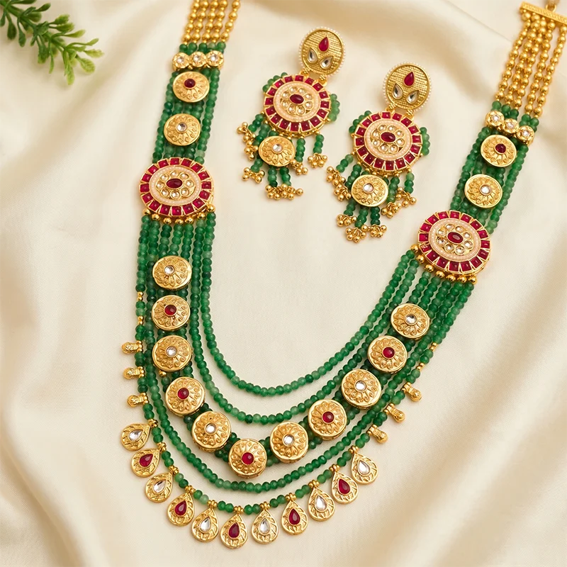 Green Pearls & Kundan Long Necklace Set
